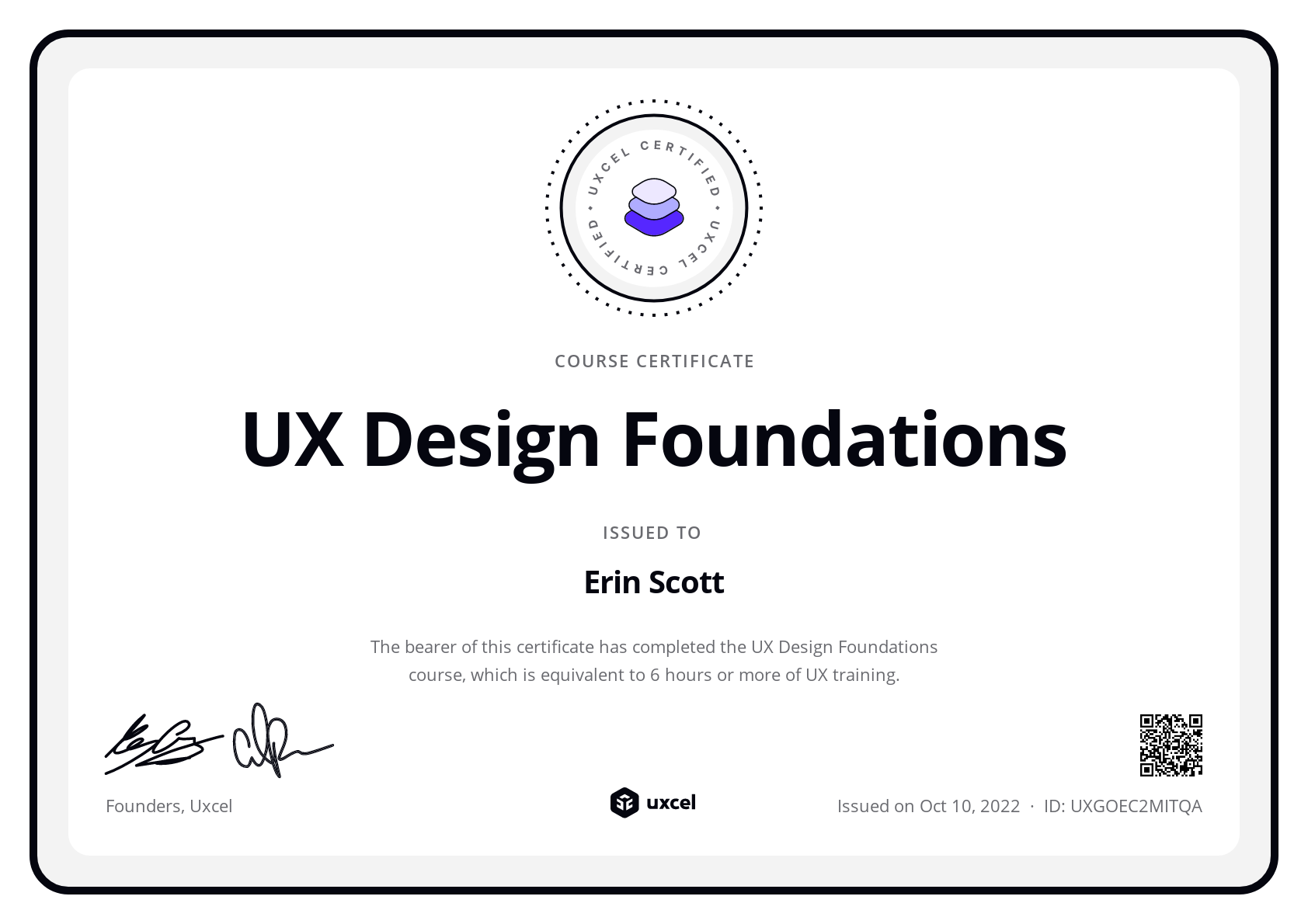 Erin Scott's certificate